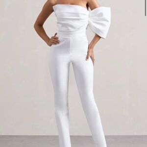 White Satin Strapless One-Sleeve Straight-Leg Jumpsuit
